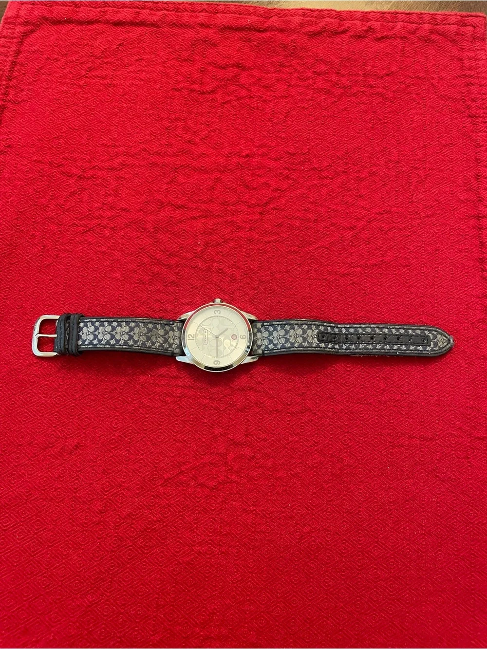 Coach women Silver Case Watch with Navy Signature Canvas Strap